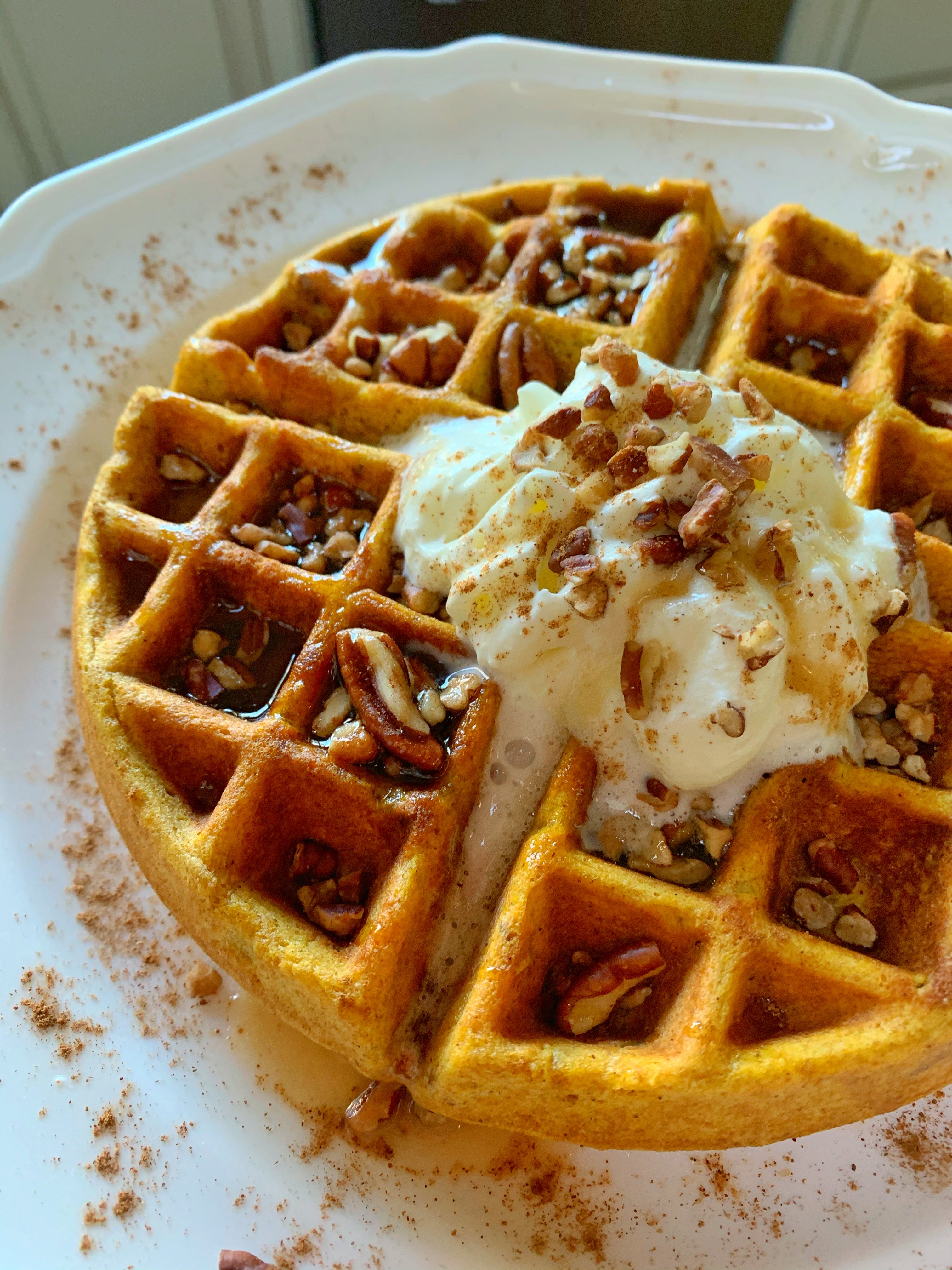 Healthier Pumpkin Pecan Waffles | Colorful Foodie